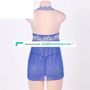 Latest Design Sexy Blue Lace Patchwork Halter Lingerie Set Elegant Babydoll