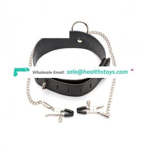 Leather Bondage Collar With Stainless Nipple Clamps For Male Bondage