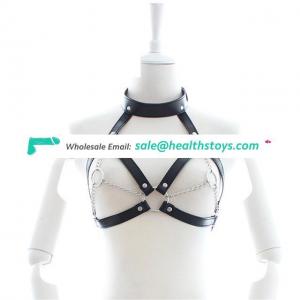 PU Leather Neck Collar Open Breast Bondage Erotic Body Harness Restraint For Women
