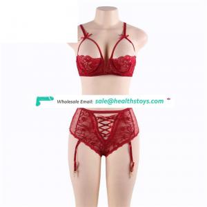 Red Lace Open Bust Bra And Garter Panty  Low MOQ lingerie set
