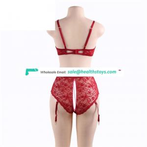 Red Lace Open Bust Bra And Garter Panty  Low MOQ lingerie set