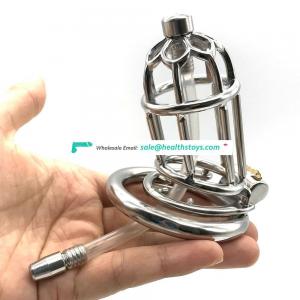 2019 FRRK10B sex shop FRRK 9cm long chastity cock cage with thread-off proof ring stainless steel chastity cage with catheter