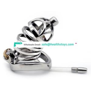 FRRK 74mm 304 stainless steel cock cage penis cage Male chastity device with catheter  curved ring chastity cage